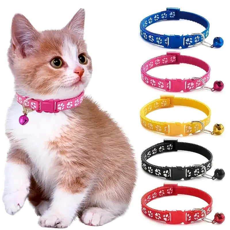 Adjustable Cat Bell Collar with Paw Print Design