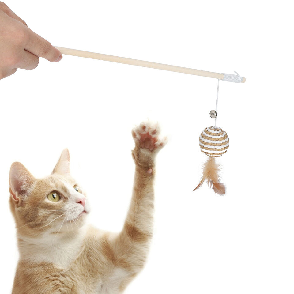 Plastic Cat Teaser Toy Stick With Round Feather Ball