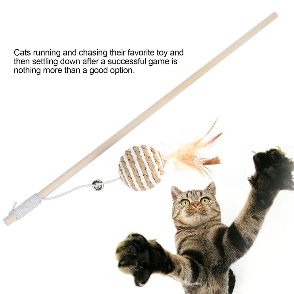 Plastic Cat Teaser Toy Stick With Round Feather Ball