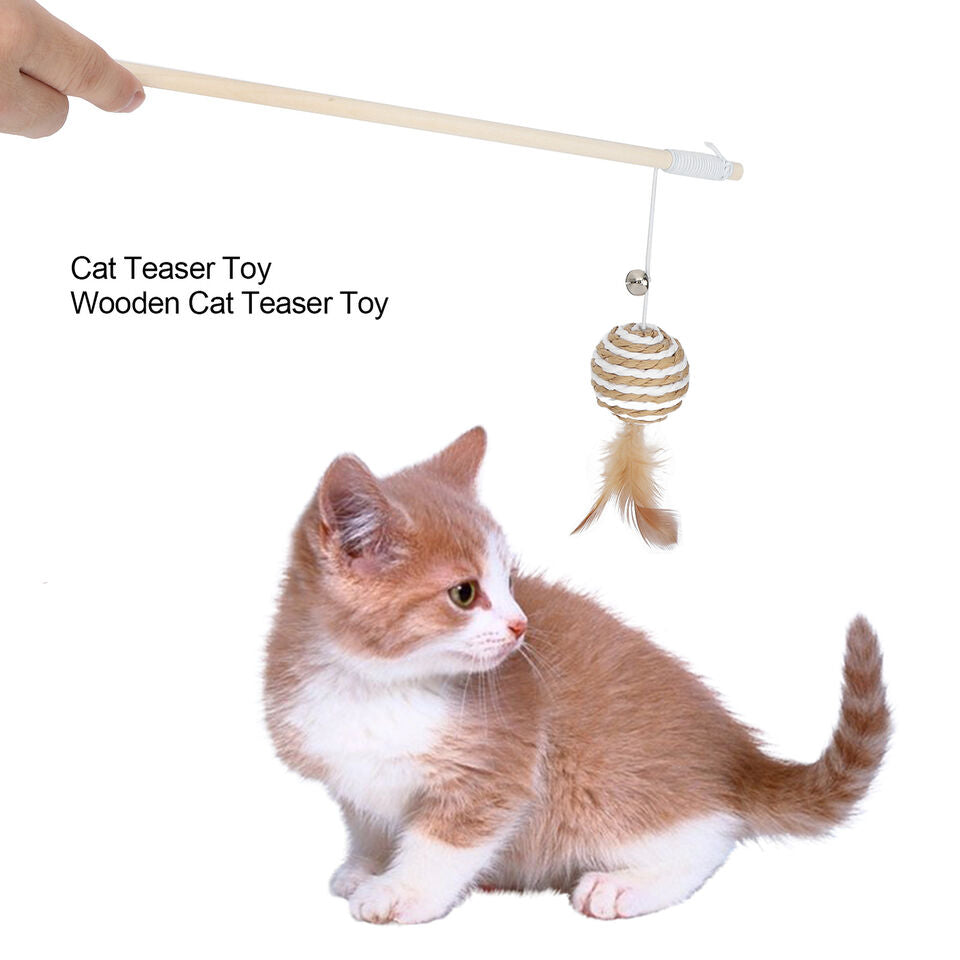 Plastic Cat Teaser Toy Stick With Round Feather Ball